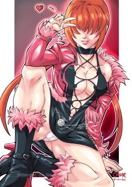 1girls big_breasts black_skirt boots breasts busty cameltoe clothed coat cute female fishnets heart heart_symbol jacket king_of_fighters legs_apart legs_spread light-skinned_female light_skin long_hair long_sleeves looking_at_viewer open_legs panties ponytail pussy red_hair shermie_(kof) skirt smile smiling_at_viewer spread_legs tied_hair voluptuous voluptuous_female white_panties wide_hips