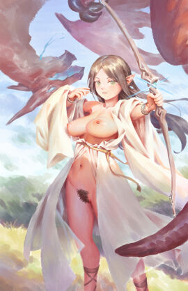 bad_link bigrbear blue_sky bow_(weapon) bracelet breasts brown_hair brown_pubic_hair day dragon earrings elf female female_pubic_hair green_eyes highres holding holding_bow_(weapon) holding_weapon jewelry large_breasts long_hair nipples original outdoors pointy_ears pubic_hair sky smile solo standing weapon