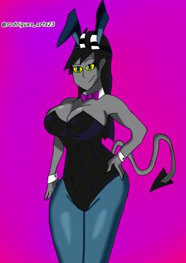 big_breasts breasts bunny_ears bunny_suit bunnysuit busty_female demon demon_girl female green_eyes grey_skin thick_thighs