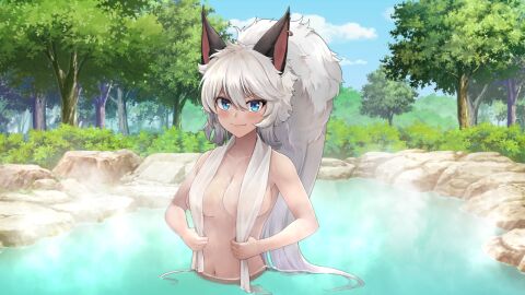 1girls anna_(tate_no_yuusha_no_nariagari) breasts female game_screenshot hot_spring looking_at_viewer navel official_art tate_no_yuusha_no_nariagari towel towel_only towel_over_breasts wolf_ears wolf_girl