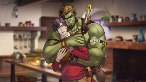 2boys arm_hair armband bara beard beauty_mark beefy belt biceps big_hands blonde_hair blurry_background blush bracelet brown_hair chest_hair cyan_eyes dear_monster depth_of_field earrings embrace eyelashes fangs frown gay gloves green_skin hairy height_difference hi_res hugging hugging_from_behind hunk jouvru_(joberu) kitchen kitchen_utensils long_teeth looking_at_another male male_only masculine_male mature_male mole mole_under_eye multicolored_hair muscles muscular muscular_male muscular_thighs orc orc_male pecs pointy_ears pouch purple_hair sharp_teeth short_hair sideburns size_difference spiked_armor standing sweat sweatdrop teeth thick_arms thick_eyebrows tough_guy v-shaped_eyebrows veiny_arms veiny_hands veiny_muscles weapon_on_back yaoi yellow_eyes