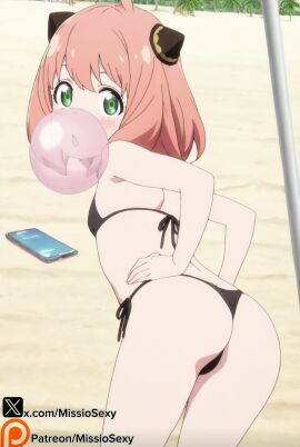 ai_generated anya_forger bikini blowing_bubblegum bubblegum chewing_gum female green_eyes gum miss_io pink_hair red_eyes small_breasts spy_x_family