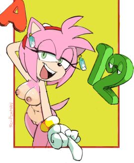 1girls 2d 2d_(artwork) 2d_artwork amy_rose anthro arms_up bedroom_eyes big_boobs big_breasts breasts diadem earrings fangs female female_only gloves green_eyes half-closed_eyes long_eyelashes looking_at_viewer middle_finger nipples nude nude_female on_model open_smile pink_areola pink_fur pink_nipples pose posing pussy ring sega short_hair sonic's_schoolhouse sonic_(series) sonic_the_hedgehog_(series) sooperman thick_thighs vagina white_gloves wide_hips