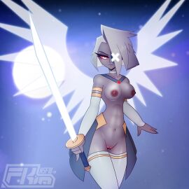 angel angel_girl angel_wings female female_only fkimnsfw hazbin_hotel nipples pussy solo_female sword thick_thighs thighhighs vaggie_(hazbin_hotel)