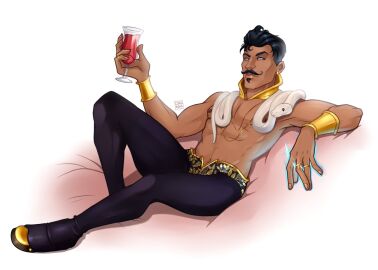 1boy abs arrogant artist_name artist_signature bara beauty_mark biceps black_hair bracelet bracelets collar congrong dark-skinned_male dark_hair dark_skin dorian_pavus dragon_age dragon_age_inquisition ear_piercing earrings facial_hair gay_male glass grey_eyes half-dressed holding_glass lying lying_down mage magic male male_only mole moustache muscles muscular muscular_male necklace nipples pants pecs pendant piercing ring rings shirtless shirtless_male snake solo solo_male tight_clothing tight_pants video_games yaoi