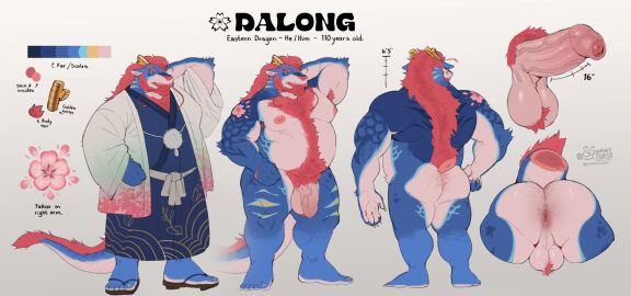 anthro antlers anus arm_tattoo asian_clothing ass ball_tuft balls beard blue_body blue_scales body_hair butt_hair clothing dragon east_asian_clothing eastern_dragon english_text erection facial_hair footwear foreskin genitals geta hair half-closed_eyes happy_trail hi_res horn humanoid_genitalia humanoid_penis japanese_clothing kimono long_whiskers male model_sheet muscle_tone musclegut muscular muscular_anthro muscular_male mythological_creature mythological_scalie mythology narrowed_eyes orange_hair pecs penis perineum roseonapot scales scalie tattoo text tuft vein veiny_penis whiskers white_body white_scales