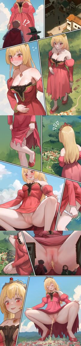 blonde_hair blush censored censored_pussy character_request copyright_request corpsmanwelt crown death female giantess have_to_pee mosaic_censoring necklace peeing pink_dress pink_eyes princess pussy relief squatting town urine_flood village welt_(kinsei_koutenkyoku)