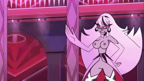 1_eye 2girls accurate_art_style animated animated_gif breasts carmilla_carmine clothed_female clothed_female_nude_female edit female gif gloves grabbing_weapon grey_hair grey_skin hazbin_hotel long_hair long_socks naked_female nipples no_bra no_panties out_for_love pussy red_eyes red_sclera song uncensored vaggie vaggie_(hazbin_hotel) video_edit vivienne_medrano walking white_hair
