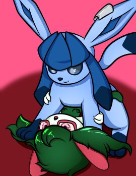 absurd_res anonymous_artist breasts duo ear_piercing ear_ring eeveelution eyewear female feral generation_3_pokemon generation_4_pokemon glaceon glasses hi_res interspecies kirlia male male/female nintendo piercing pokemon pokemon_(species) ring_piercing small_breasts