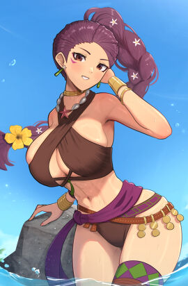 1girls abs alternate_costume bikini blue_sky bracelet breasts brown_bikini brown_swimsuit cleavage day earrings female female_only fire_emblem fire_emblem:_three_houses fire_emblem_heroes gonzarez highres hourglass_figure jewelry large_breasts long_hair looking_at_viewer navel nintendo ocean official_alternate_costume outdoors partially_submerged petra_macneary petra_macneary_(summer) purple_hair skindentation sky solo swimsuit teenage_female teenager thighs wet wide_hips