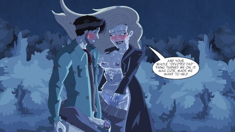 16:9 biting_lip blonde_hair blue_eyes blush breasts brown_hair bubble_speech caption cum cum_drip cum_on_underwear digital_painting_(artwork) exposed_breasts female flirting green_eyes hair_blowing hand_on_breast hand_on_pussy hero_and_villain karla_sofen leg_wrap leg_wrapped_around_partner male marvel marvel_comics masturbation moonstone_(marvel) night_time penis peter_parker pink_underwear pussy red_blush six_pack spider-man spider-man_(series) straight superhero supervillainess sweat sweatdrop sweaty_body sweaty_breasts the_avengers:_earth's_mightiest_heroes torn_clothes webart20