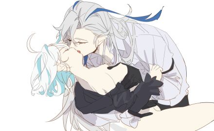 1boy 1girls ahoge black_shirt blue_hair bottomless breast_grab breasts breasts_out closed_eyes clothed_male female french_kiss french_kissing furina_(genshin_impact) genshin_impact gloves grabbing_another's_breast groping groping_breasts kissing light_blue_hair long_hair male mona0101 neuvillette_(genshin_impact) pointy_ears shirt short_hair undressing white_background white_hair