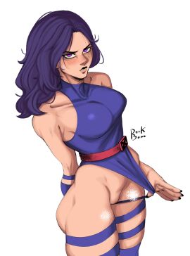 1girls dorkbum female leotard leotard_pull long_hair marvel marvel_comics mutant_(marvel) psylocke_(kwannon) pulling_clothing purple_eyes purple_hair pussy thick_thighs thighs x-men