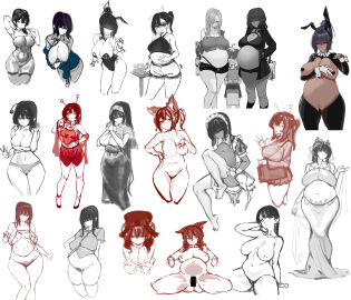 antennae antennae_(anatomy) asuna_(blue_archive) big_breasts black_hair blue_archive breasts_out bunny_ears bunnysuit cleavage dark-skinned_female dark_skin female female_only hair_bun hair_over_one_eye huge_breasts karin_(blue_archive) kemonomimi long_hair looking_at_viewer maid maid_headdress multiple_girls multiple_images nude nun nun_outfit panties pasties playboy_bunny ponytail pregnant pubic_hair reverse_bunnysuit sagging_breasts sesefadou0v0 sketch sketch_page thick_ass wide_hips