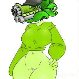 female gatling_pea_(pvz) green_body green_skin nude nude_female only_shirt plants_vs._zombies_fusion plants_vs_zombies titan_gatling_pea