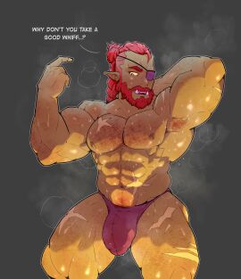 abs absurd_res beard biceps bodily_fluids bulge daspurplesong eye_patch eyewear facial_hair fangs gay gay_male gorem_(purplesong) hair hi_res humanoid humanoid_pointy_ears male male_focus male_only muscular musk musk_clouds orange_hair orc orc_male pecs solo solo_male sweat teeth yaoi