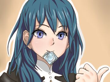 biting_condom byleth_(fire_emblem) byleth_(fire_emblem)_(female) commentary_request commissioner_upload conditional_dnp condom_wrapper condom_wrapper_in_mouth female fire_emblem fire_emblem:_three_houses green_hair inviting_to_sex purple_eyes smile suggestive suggestive_gesture thumbs_up