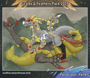 2025 absurd_res ambiguous_gender animal_genitalia blush blush_lines claws cloaca disc duo eyelashes feet female female/ambiguous feral feral_on_bottom feral_on_feral feral_on_top ferocious_ferals foot_focus generation_5_pokemon generation_7_pokemon genital_slit genitals gold_body gold_scales grey_body grey_scales haxorus hi_res kommo-o lying nature nature_background nintendo on_back plant pokemon pokemon_(species) red_claws red_eyes scale_plates scales shrub signature spread_cloaca spread_legs spread_slit spreading tail touching_leg weapon_tail