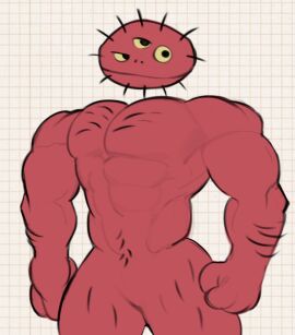 2024 3_eyes abs anthro body_hair chest_hair doodle_jump gay gay_male hair hairy hairy_male kogito male male_only monster multi_eye muscular muscular_anthro muscular_arms muscular_male narrowed_eyes pecs pubic_hair red_body red_monster_(doodle_jump) simple_background solo solo_focus yaoi