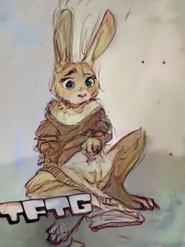 after_transformation anthro bottomwear bottomwear_around_one_leg bottomwear_down claws clothing clothing_around_one_leg ears_up english_text female gender_transformation genitals hi_res lagomorph leporid mammal mtf_transformation oversized_clothing pants pants_around_one_leg post-transformation pussy rabbit simple_background sitting sketchy solo text transformation wetcardboard wide_eyed