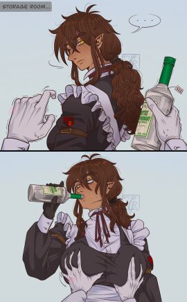alcohol alternate_version_available big_breasts breast_grab breasts bribe brown_hair cry_ptidd curly_hair double_breast_grab expressionless fan_character female freckles gloves groping groping_breasts large_breasts laura_chastel_(cry_ptidd) maid maid_uniform original original_character pointy_ears ponytail pov werewolf werewolf_girl yellow_eyes