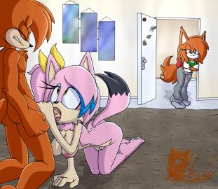 absurd_res accessory all_fours annoyed anthro big_breasts bottomwear bow_ribbon breasts bsfd canid canine charli_the_fox clothed clothing duo fan_character felid feline fellatio female fist fox fur hair_accessory hair_ribbon hairbow handjob handjob_while_sucking hi_res kneeling looking_up looking_up_at_partner lynx male male/female mammal meyk meyk_the_lynx mia_the_lynx nude oral orange_body orange_fur pants penile penis pink_body pink_fur ribbons sega sex shirt sonic_(series) sonic_the_hedgehog_(series) sweatpants tank_top thong topwear underwear