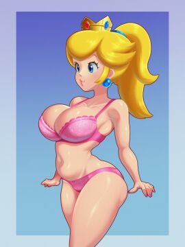 1girls 2025 2d 2d_(artwork) 2d_artwork big_breasts big_thighs blonde blonde_hair blue_eyes breasts crown ear_piercing earrings eyelashes female female_only glistening glistening_body glistening_breasts glistening_skin heart huge_breasts huge_thighs light-skinned_female lingerie long_hair mario_(series) nintendo panties pink_bra pink_lips pink_lipstick pink_nail_polish pink_nails pink_panties pony_tail ponytail princess_peach shiny_body shiny_breasts shiny_hair shiny_skin shiny_thighs sleepiitreat solo solo_female solo_focus super_mario_bros. thick_thighs thighs yellow_hair