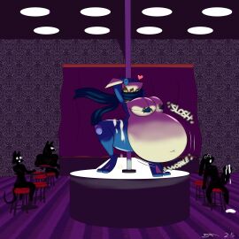 absurd_res anthro blue_body blue_skin bodily_fluids closed_eyes clothing crowd cum cum_inside curtains dancing dirtymac female generation_6_pokemon genital_fluids greninja group hi_res inflation inside lights lingerie money money_in_underwear nintendo pokemon pokemon_(species) pole pole_dancing scarf swimwear tan_body tan_skin two-piece_swimsuit