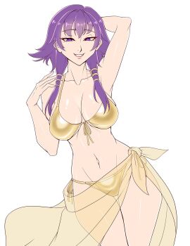 1girls alternate_costume armpits bangs bare_arms bare_midriff bare_shoulders bikini breasts cleru_(cleruuuuu) collarbone female female_only fire_emblem gold_bikini gold_bikini_top gold_swimsuit large_breasts lute_(fire_emblem) midriff navel nintendo purple_eyes purple_hair sarong see-through short_hair shoulders sidelocks solo swimsuit white_background yellow_bikini yellow_swimsuit