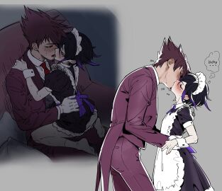 2boys absurdres alternate_costume anal_fingering apron ass ass_grab black_dress black_hair blush bossu butler closed_eyes crossdressing danganronpa danganronpa_(series) danganronpa_v3:_killing_harmony dress enmaided facial_hair femboy fingering fingering_partner frills gay girly gloves goatee hand_on_ass hand_on_butt hand_on_hip hand_on_shoulder highres hip_grab implied_fingering jacket kissing long_sleeves maid maid_apron maid_dress maid_headdress maid_outfit maid_uniform making_out male male_focus male_only miri_(bossu_osu) momota_kaito multiple_boys multiple_males on_lap ouma_kokichi pale_skin pants purple_hair short_hair short_sleeves size_difference socks spiked_hair tailcoat tongue tongue_out white_apron yaoi