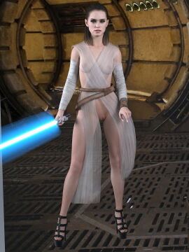1girls 3d casual clothing daz_studio female female_only footwear full_body functionally_nude high_heels human jedi lightsaber no_bra no_panties pale_skin platform_heels rey see-through_clothing solo star_wars weapon zauselzaus