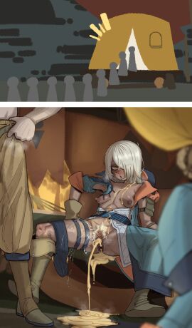 1boy 1girls absurdres after_anal after_sex after_vaginal anal_hair armpits ass blurry blurry_foreground blush boots bowlegged_pose breasts coat commentary cum cum_in_ass cum_in_pussy cum_on_body cum_on_breasts cum_pool cum_puddle cumdrip cumdump dark-skinned_female dark_skin ebonyxh english_commentary eyes_visible_through_hair female female_ejaculation female_focus female_pubic_hair freckles grey_hair hair_over_one_eye hairy_anus highres human_toilet interracial interracial_sex light-skinned_male light_skin male medium_hair monster_hunter_(series) monster_hunter_wilds nipples open_mouth original peeing pointy_breasts pubic_hair public public_use pussy pussy_juice queue ringed_eyes rolling_eyes scar scar_on_neck short_hair sitting small_breasts solaria_(ebonyxh) spread_legs steaming_body straight sweat tent toilet_symbol uncensored very_sweaty waiting_in_line white_hair white_pubic_hair yellow_cum yellow_eyes