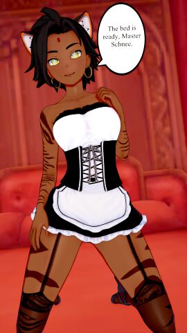 dark-skinned_female dark_skin dialogue hypnosis koikatsu maid mind_control perfect_idiot rwby sienna_khan smiling symbol_in_eye tiger_ears tiger_girl tiger_stripes