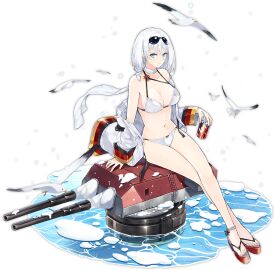anklet azur_lane bikini bird blue_eyes breasts can cannon cg choker cleavage coat collarbone cross cross_earrings crossed_legs earrings eyewear_on_head female full_body game german_flag holding iron_blood_(azur_lane) jewelry large_breasts looking_at_viewer machinery navel off_shoulder official_alternate_costume official_art rigging sandals scarf seagull short_hair side-tie_bikini_bottom sidelocks sitting solo stomach sunglasses swimsuit tirpitz_(azur_lane) tirpitz_(snow_melting_summer)_(azur_lane) transparent_background turret white_bikini white_hair