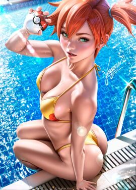1girls ass bikini bikini_bottom bottomwear breasts cleavage female female_only game_freak green_eyes hair holding_object holding_poke_ball kasumi_(pokemon) lips medium_breasts orange_hair pokeball pokemon pokemon_rgby pool poolside solo solo_female swimming_pool swimwear thighs tied_hair topwear yagamiartt yellow_bikini