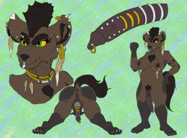 absurd_res anal_piercing animal_genitalia anthro anthro_only anus arm_tattoo boots_(marking) breasts chest_tuft clitoris feathers female futa_only futanari genital_piercing genital_scar genitals gloves_(marking) green_eyes hi_res hyena intersex james_corck jewelry mammal markings model_sheet mohawk navel nipple_piercing nipples original_character pawpads penis piercing pseudo-penis pubes pussy scar solo spotted_hyena tattoo tuft yellow_sclera