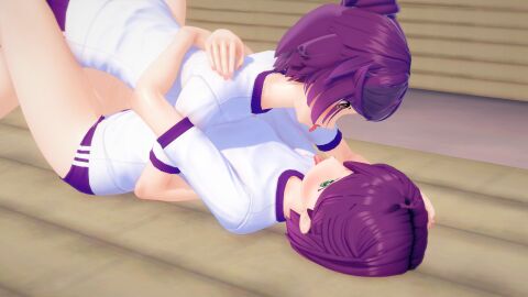 2girls 3d acro_trip arm_support breasts crossover date_chizuko demon-lord_(artist) female female/female female_only haraga_kurumi image kimi_no_koto_ga_dai_dai_dai_dai_daisuki_na_100-nin_no_kanojo koikatsu lesbian_couple lesbian_domination lesbian_focus
