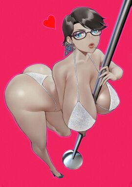 1girls bayonetta bayonetta_(character) bayonetta_2 bra breasts earrings eyeshadow female glasses hi_res high_heels large_breasts light-skinned_female light_skin platinum_games red_background sega short_hair spiralnoww stripper_pole thong