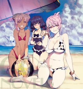 3girls anklet argyle_bikini argyle_clothes artist_request ball ball_(object) beach beach_ball beach_umbrella beachball big_boobs big_breasts big_tits bikini bikini_day black_bow black_eyes black_hair black_hair_female blue_sky blush boobs bow bracelet breast_size_difference breasts breasts_size_difference cloud cloudy_sky cross-laced_clothes cross-laced_one-piece_swimsuit double_bun earrings eyebrows_visible_through_hair female female_only folded_ponytail frilled_one-piece_swimsuit frills grin hair_bun hair_ribbon heart heart_earrings highleg highleg_bikini jewelry let_this_grieving_soul_retire! light_smile liz_smart low_twintails medium_breasts medium_hair multiple_females multiple_girls nageki_no_bourei_wa_intai_shitai navel no_nudity no_penetration nose_blush o-ring o-ring_top ocean official_art on_ground one-piece_swimsuit pink_eyes pink_hair pink_hair_female red_bikini red_ribbon ribbon sand scrunchie seiza side-tie_bikini_bottom sidelocks sitri_smart sitting sky small_breasts smile squid swimsuit tan thick_thighs thighs tino_shade tits twintails two-tone_one-piece_swimsuit umbrella variety_34.34 watermark white_bikini woman wrist_scrunchie yokozuwari