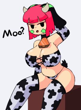 1girls animal_ears big_breasts bikini breasts bunny_ears bunny_tail cow_horns cow_print cow_print_bikini cow_print_thighhighs cowbell cowprint female female_only lucky_hopps original_character pink_hair shadowjanetnsfw simple_eyes sitting sitting_on_box white_background