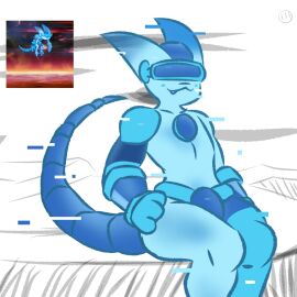 1boy 1femboy 2024 3_fingers :3 anthro anthrofied armlet belt blue_body blue_skin blush curvy curvy_figure cute cyborg detailed_background digital_media_(artwork) fangs felid feline felis femboy filibuster_obstructa girly glasses glitch gluteal_fold gradient hand_on_hip headgear hi_res hologram liketosaye long_tail male mechanical mechanical_arm mechanical_leg metafilibuster naked oerba_yun_fang paws plate pointy_ears reference_image sitting smooth_skin solo_focus solo_male tail the_battle_cats twink visor waist