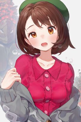 blush body_blush breasts breath brown_eyes brown_hair buttons cable_knit cardigan coalossal collarbone collared_dress commentary creatures_(company) dress eyelashes female game_freak gloria_(pokemon) green_hat grey_cardigan half-closed_eye hand_up hat head_tilt highres long_sleeves looking_at_viewer lower_teeth_only medium_breasts nintendo off_shoulder open_mouth partially_unbuttoned pink_dress pokemon pokemon_(creature) pokemon_ss solo_focus sweat tam_o'_shanter teeth tongue white_background yosame0a