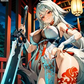 (titancore) ai_generated animal_humanoid big_breasts curvy_figure dominated female fluffy_tail girl hair_ornament holding_object leg_tattoo monster_girl my_lady night puffy_nipples pussy_juice pussy_juice_drip revealing_clothes see-through_clothing shrine_maiden sweatdrop sword tail thiren transformation video_game_character wet_pussy white_form white_hair ye_shunguang zenless_zone_zero