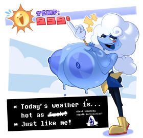 1girls afro blue_skin breasts breasts_bigger_than_head deltarune elnina_(deltarune) english_text female freshlysqueezed gigantic_breasts huge_breasts hyper hyper_breasts rouxls_kaard simple_background smug sweat text topless topless_female white_hair