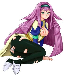 1girls breasts female green_eyes hairband inazuma_eleven inazuma_eleven_(series) inazuma_eleven_go inazuma_eleven_go_chrono_stone kwsk0110_x light-skinned_female light_skin long_hair mehr meia_(inazuma_eleven_go_chrono_stone) open_clothes open_jacket panties partially_clothed purple_hair soccer_uniform solo solo_female sportswear torn_clothes torn_pants uniform white_panties