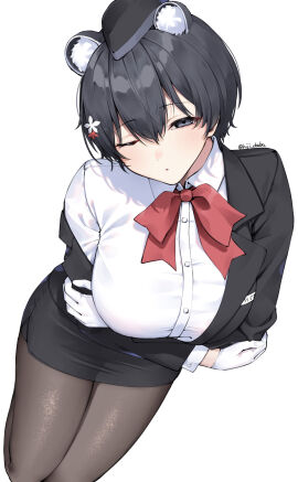 1girls arms_crossed black_eyes black_hair blue_archive breasts clothing_aside female hat large_breasts mono_(mo_n_mno) one_eye_closed panda_ears pencil_skirt thick_thighs tsubaki_(blue_archive) tsubaki_(guide)_(blue_archive) white_gloves