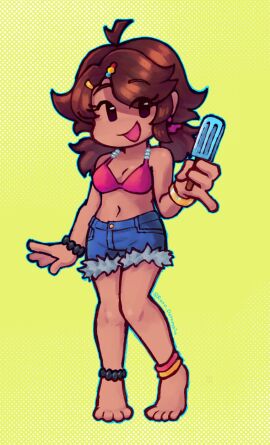 ankle_band ankle_bracelets arrow_funk arrowfunk_gf barbara_(abo_bora) barbara_(arrow_funk) bikini bikini_top bracelet brazilian_female brown_hair dark-skinned_female dark_skin ear_piercing earrings feet female friday_night_funkin friday_night_funkin_mod girlfriend_(friday_night_funkin) girlfriend_(mods) hair_clips hair_ornament popsicle roxo_depressivo short_shorts shorts tanned_skin