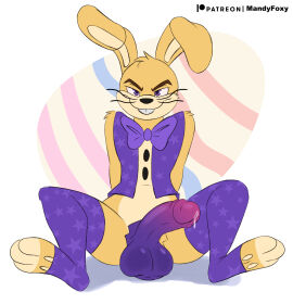 2024 abstract_background absurd_res anthro artist_name balls bedroom_eyes big_balls big_penis bodily_fluids bow_tie buckteeth clothed clothing digital_drawing_(artwork) digital_media_(artwork) five_nights_at_freddy's five_nights_at_freddy's_vr:help_wanted fur genital_fluids genitals glitchtrap half-erect hi_res lagomorph legwear leporid looking_at_viewer male male_only mammal mandyfoxy multicolored_body multicolored_fur narrowed_eyes partially_clothed patreon patreon_logo penis precum purple_eyes purple_penis rabbit scottgames seductive sitting smile solo tan_body tan_fur teeth thigh_highs topwear two-tone_body two-tone_fur vest watermark whiskers yellow_body yellow_fur