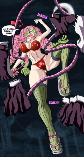 1girls assisted_exposure big_breasts blush bra bra_and_panties breasts demon_slayer exposed_bra exposed_panties female female_focus female_only huge_breasts kanroji_mitsuri kimetsu_no_yaiba large_breasts panties pink_hair prankedbeauty sword weapon