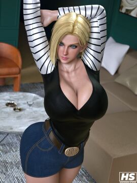 1girls 2024 3d android android_18 anime artist_logo artist_signature big_breasts blonde-haired_female blonde_female blonde_hair blue_eyes breasts busty cleavage clothed clothed_female clothing color colored dragon_ball dragon_ball_super dragon_ball_z female full_color hagiwara_studio hips large_breasts light-skinned_female light_skin manga massive_breasts shounen_jump voluptuous voluptuous_female